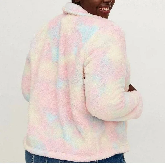 Torrid Plus Size 2 Cotton Candy Tie Dye Plush Zip Up Sherpa Jacket Pink Blue New - Picture 4 of 4